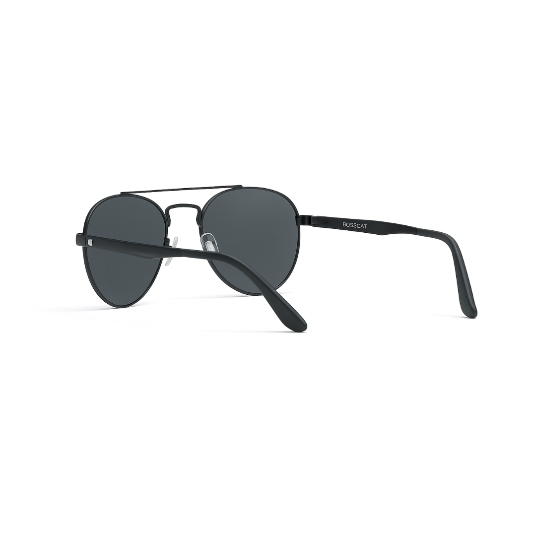 Bosscat Round Black Polarized Sunglasses - Mirror Lens with Double Bar